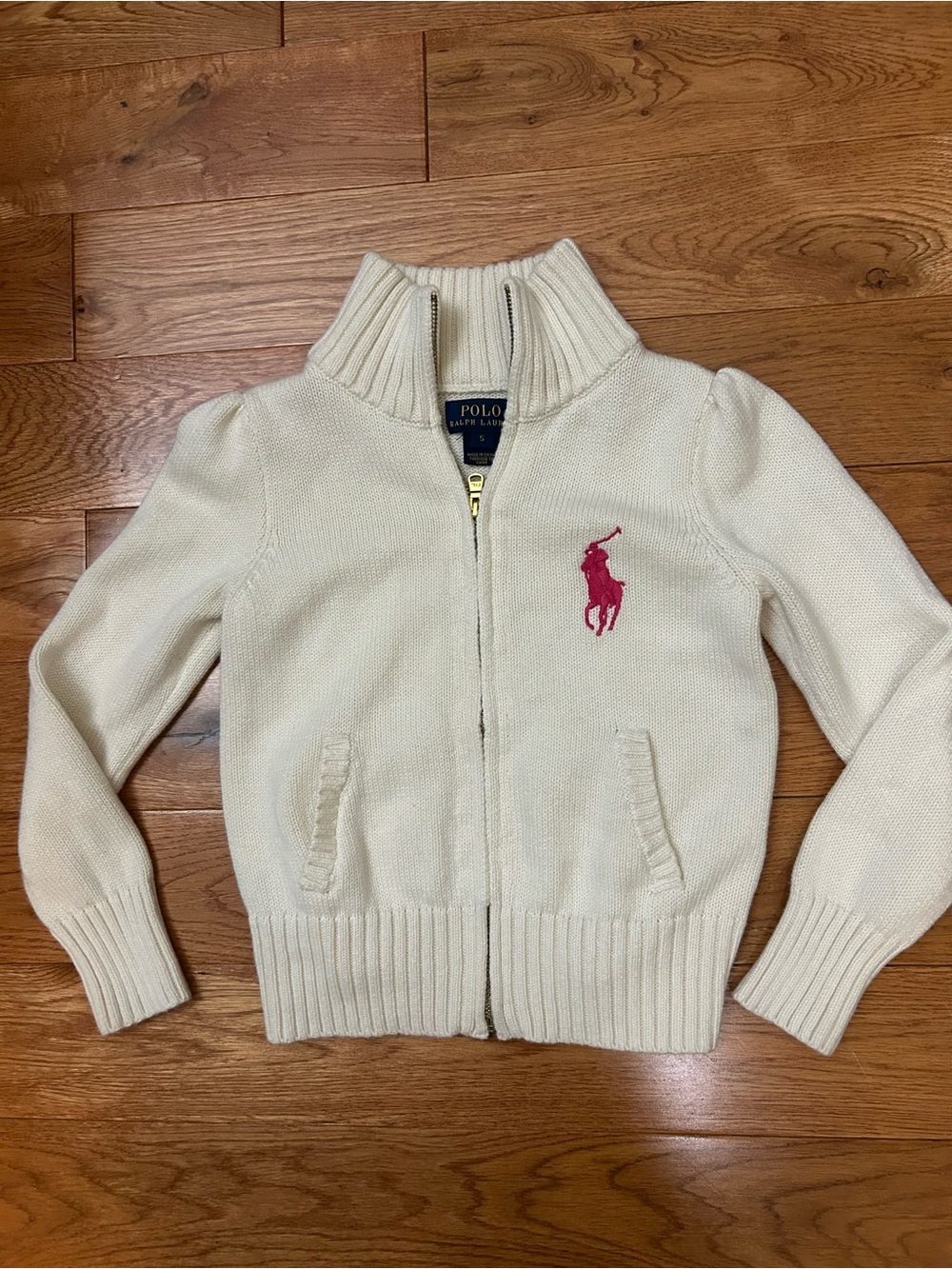 Polo Ralph Lauren Girls Cream Full Zip Sweater Pink Pony Size 5